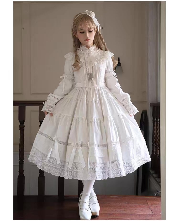 薔薇の城の令嬢ワンピース 白 スタンドカラー パフスリーブ - Rose And Neverland