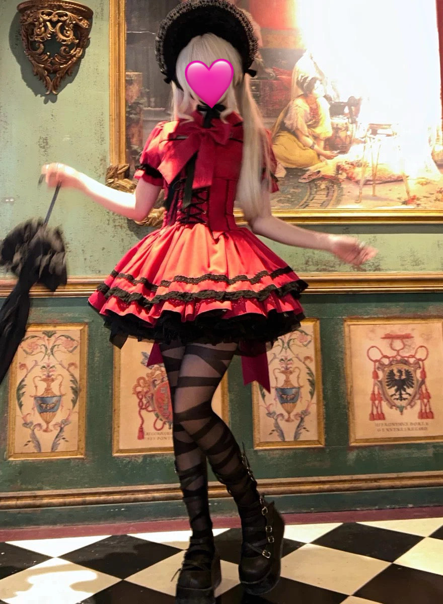 クラシカルロリィタ ワンピース 深紅 編み上げ 令嬢風｜La Bourbon