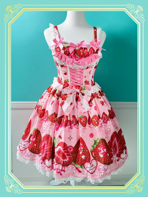 甘ロリィタ ジャンパースカート いちご柄 ピンク JSK - Sweet Berry Story